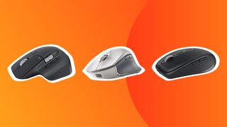 Three of our picks for the best mouse, in a row, on an orange background. 
