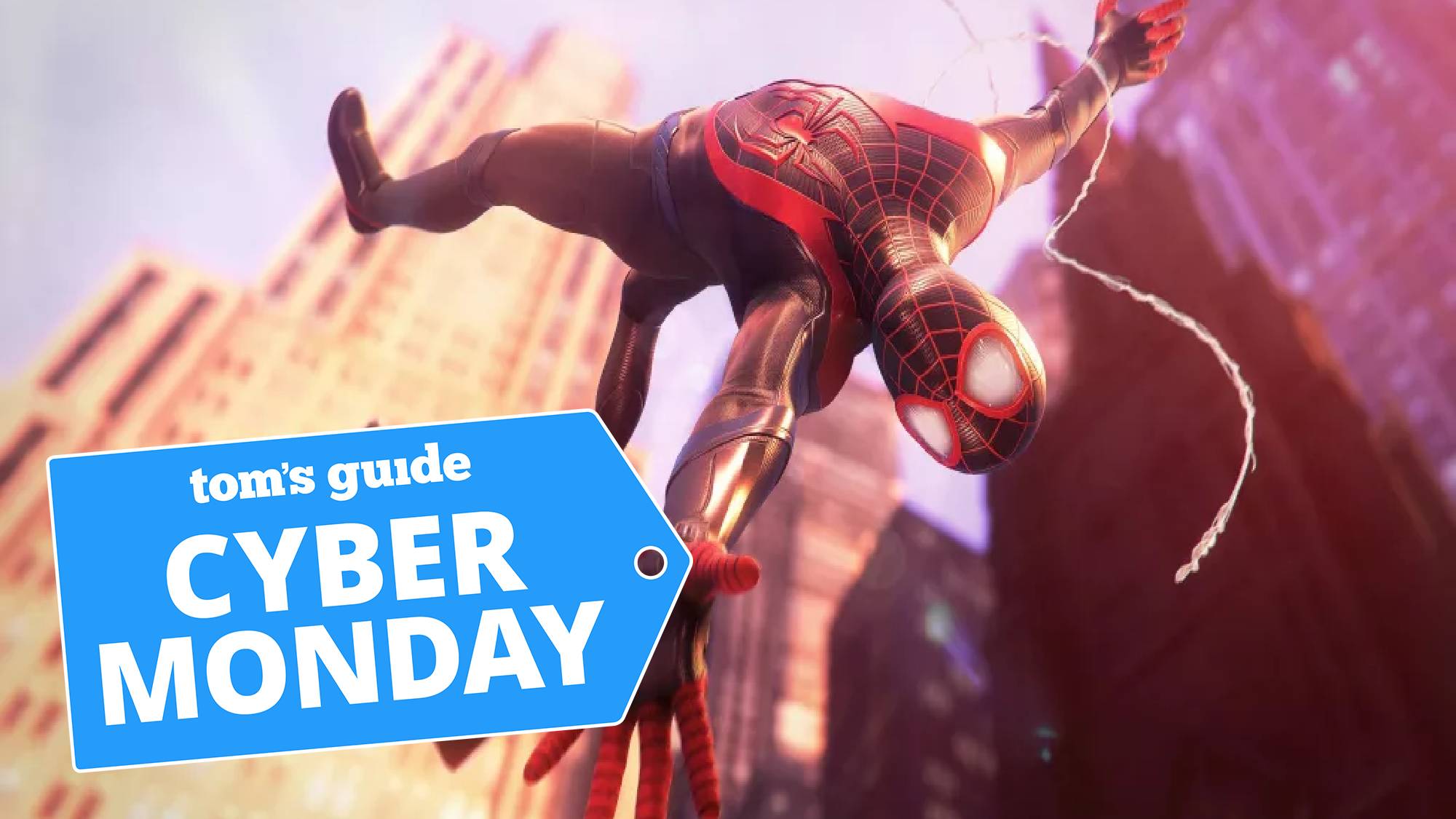 Spider-Man Miles Morales screenshot with a Cyber Monday deal tag