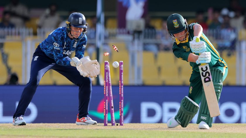 Marizanne Kapp of South Africa is bowled out by Linsey Smith of England (not pictured) as wicket keeper Amy Jones looks on during the ICC Women&#039;s Cricket World Cup India 2025 match between England and South Africa at Barsapara Cricket Stadium on October 03, 2025 in Guwahati, India. 
