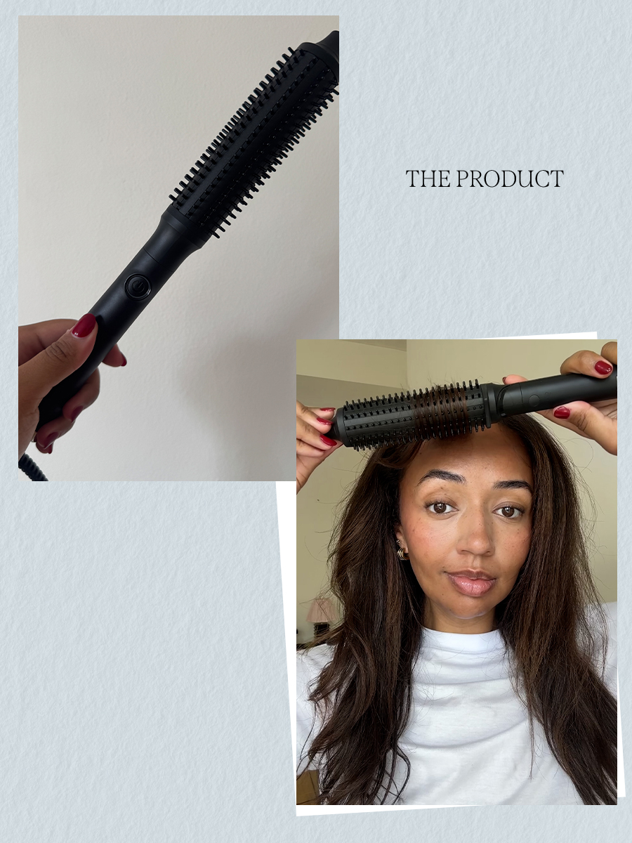 Rhea testing the GHD Rise and showing the hot brush product to camera