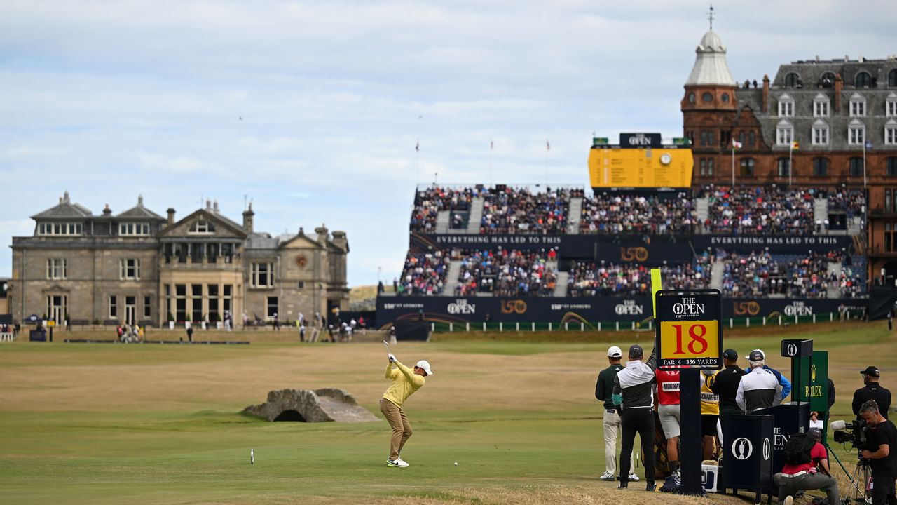 Rory McIlroy at the top of his backswing on the 18th tee at St Andrews