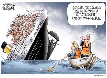 Political cartoon U.S. 2016 election Hillary Clinton Bill Clinton Sinking ship Obamacare