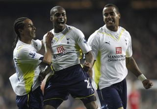 Danny Rose celebrates after scoring on his Premier League debut for Tottenham against Arsenal in 2010.