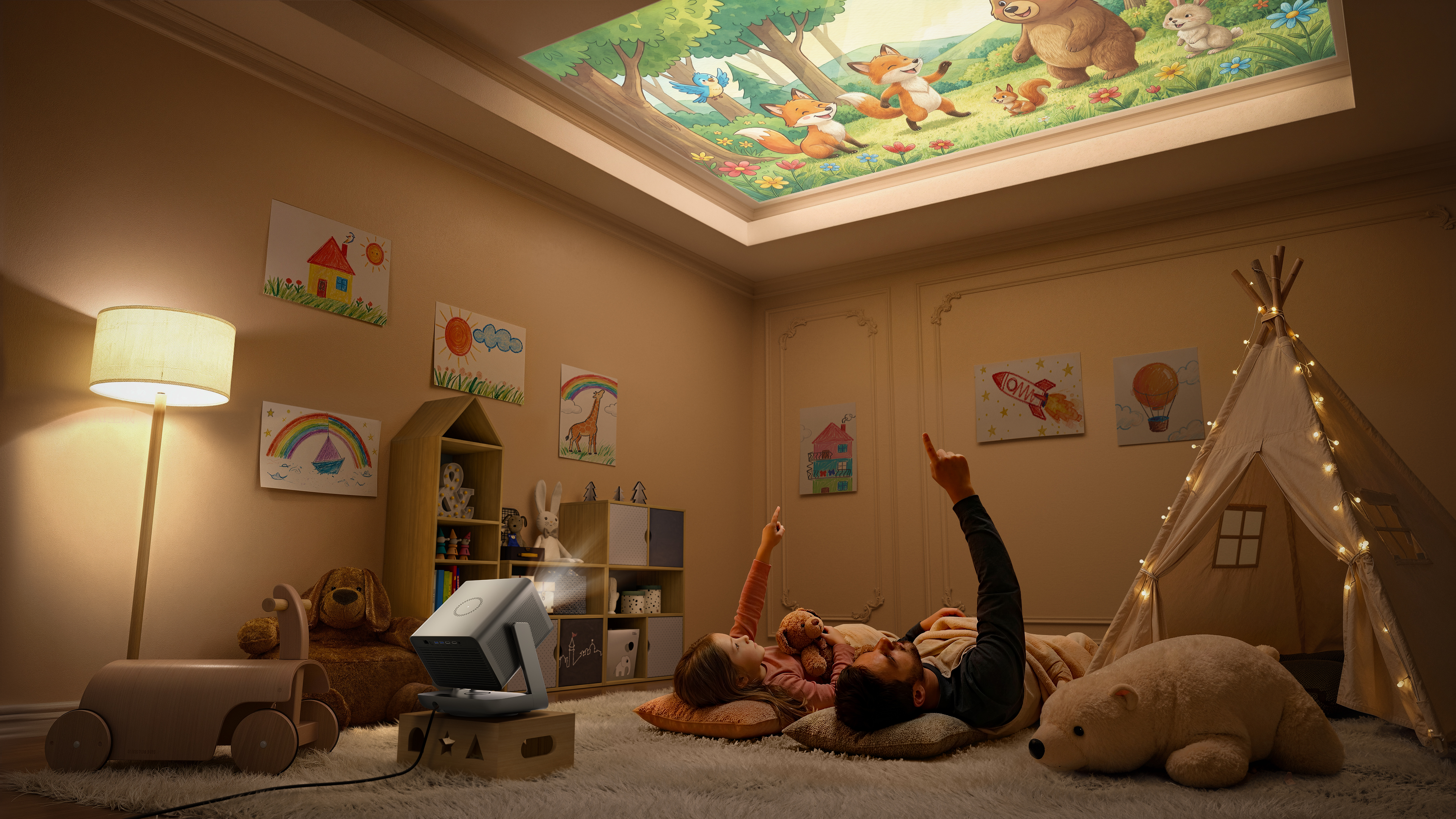 A father and daughter lying on the ground watching an animated movie being projected onto a ceiling from a projector situated above their heads.