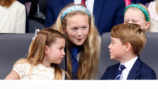 Princess Charlotte of Cambridge, Savannah Phillips (2nd row), Prince George of Cambridge and Lena Tindall (2nd row) attend the Platinum Pageant on The Mall on June 5, 2022 in London, England