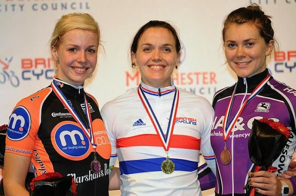 Women's sprint podium (l-r): Rebecca James (Motor Point Marshalls), Victoria Pendleton (Sky Track Cycling) and Jess Varnish (Halesowen A &amp; CC)/