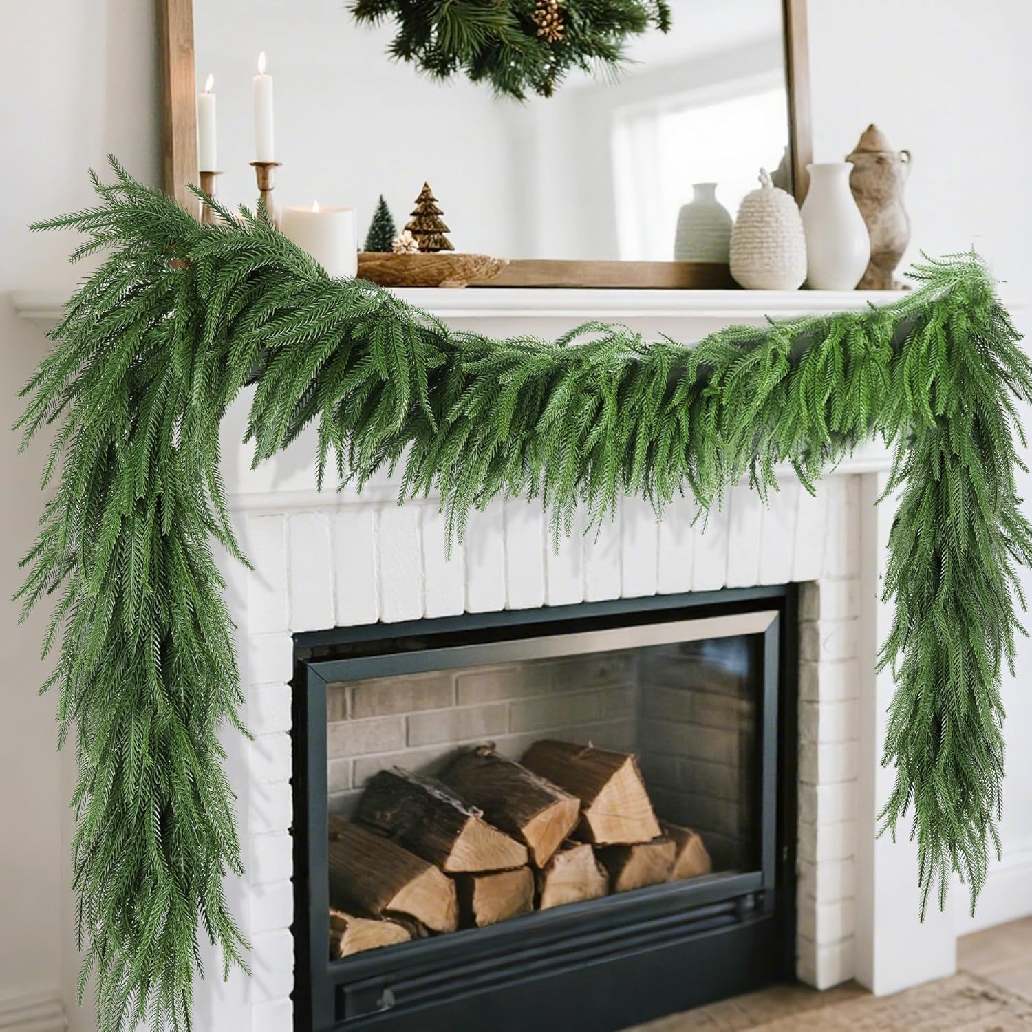 Dr.dudu 9ft Real Touch Norfolk Pine Garland, Christmas Artificial Greenery Garlands for Mantle Fireplace Stairs - Indoor Outdoor Xmas Decorations