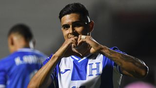 Honduras' midfielder #17 Luis Palma celebrates scoring his team's second goal during the CONCACAF Gold Cup qualification football match between Honduras and Bermuda at the Nacional Chelato Ucles stadium in Tegucigalpa, on March 25, 2025.