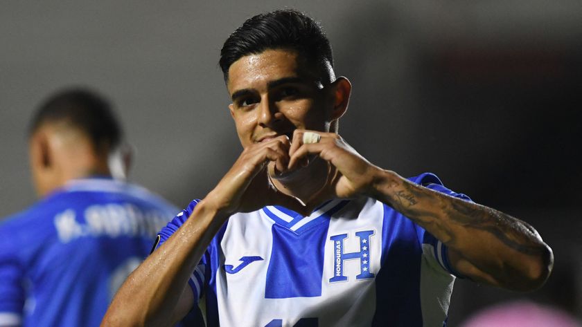 Honduras' midfielder #17 Luis Palma celebrates scoring his team's second goal during the CONCACAF Gold Cup qualification football match between Honduras and Bermuda at the Nacional Chelato Ucles stadium in Tegucigalpa, on March 25, 2025. 