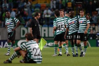 Sporting CP players look dejected after defeat to CSKA Moscow in the final of the UEFA Cup in May 2005.