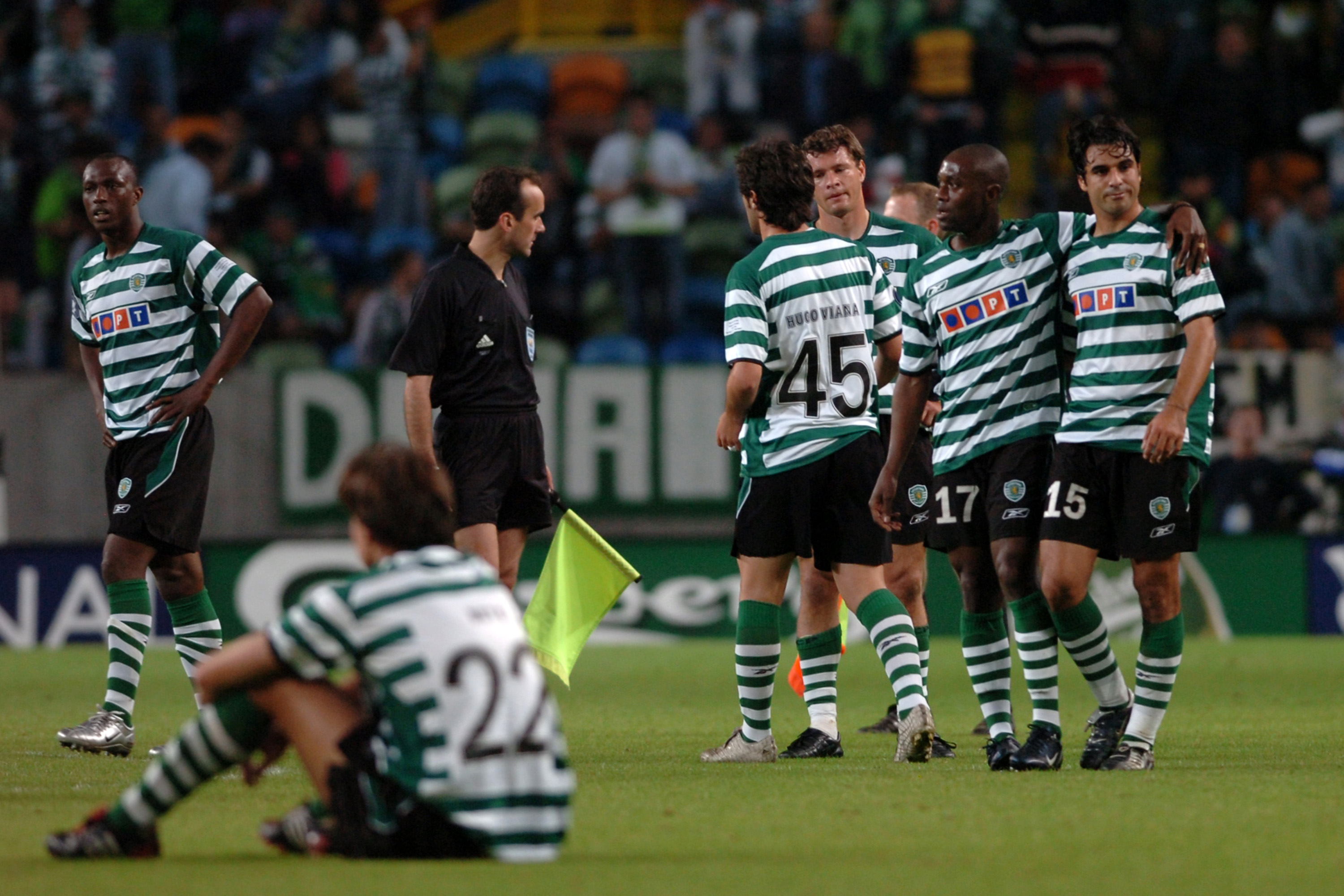 Sporting CP players look dejected after defeat to CSKA Moscow in the final of the UEFA Cup in May 2005.