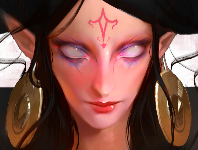 Design recognisable characters; a woman with no irises or pupils
