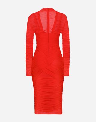 Dolce 
Gabbana ruched red midi dress with long sleeves