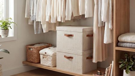 Two folding fabric storage boxes with lids at the bottom of a closet, with clothes hanging over the top