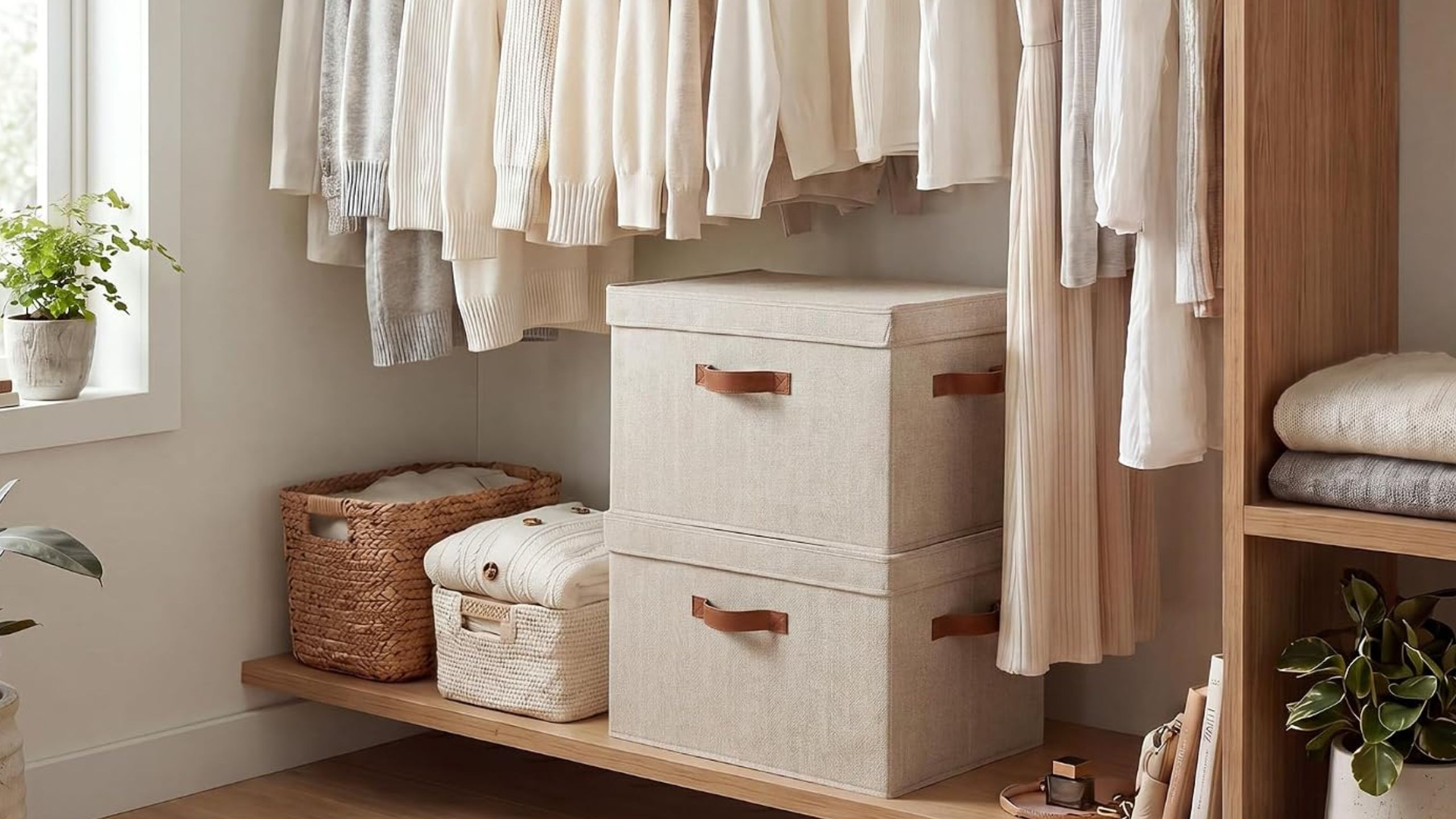 Two folding fabric storage boxes with lids at the bottom of a closet, with clothes hanging over the top