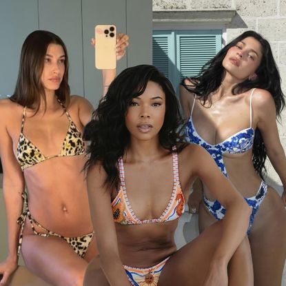 A collage of celebrity swimsuits and bikinis from 2025