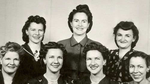 black and white photo of seven polygamous wives in the 1950s