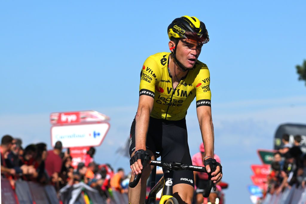 ALTO DE MONCALVILLO SPAIN SEPTEMBER 06 Sepp Kuss of The United States and Team Visma Lease a Bike crosses the finish line during the La Vuelta 79th Tour of Spain 2024 Stage 19 a 1735km stage from Logrono to Alto de Moncalvillo 1490m UCIWT on September 06 2024 in Alto de Moncalvillo Spain Photo by Tim de WaeleGetty Images