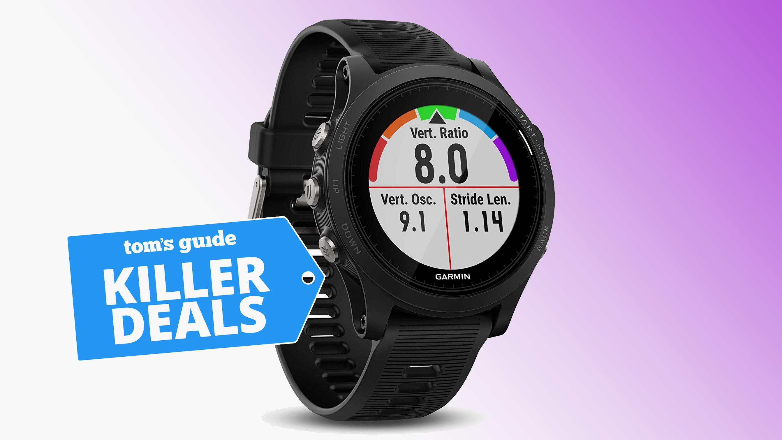 Garmin Forerunner on purple with cyber monday deal tag superimposed