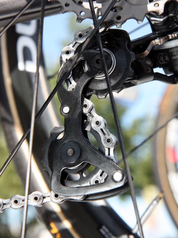 CeramicSpeed supplies the slippery alloy lower bearing but team mechanics have opted to retain the standard floating Shimano upper pulley for better shifting performance.