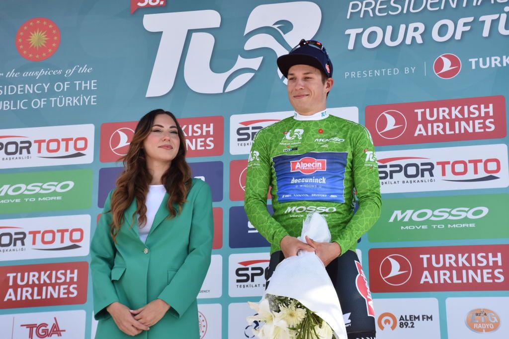 Jasper Philipsen on the podium after stage 1