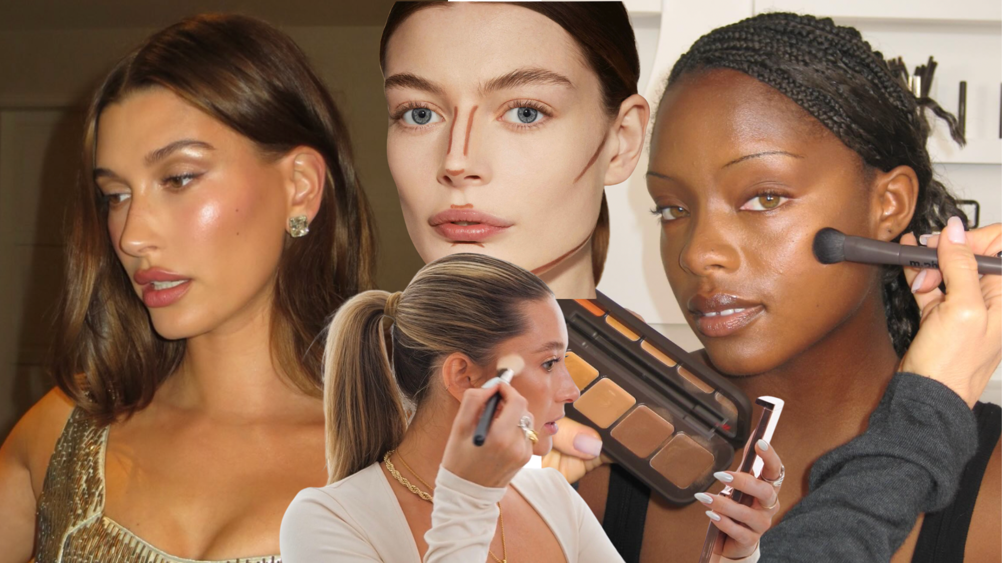 four women with contoured, glowing skin wearing ponytails and tank tops