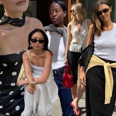 fashion collage of style influencers including Christie Tyler, Jordan Risa, Sylvie Mus, Chloe Butler, and Coco Schiffer wearing chic summer outfits that make you look like a fashion person with polka-dots, capri pants, butter-yellow pieces, and elevated basics