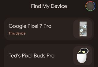 Screenshot showing select Google Pixel Buds Pro in Find My Device app.