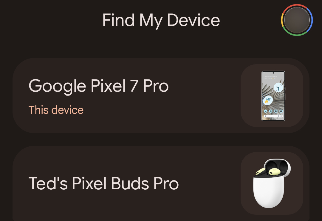 Captura de tela mostrando selecionar Google Pixel Buds Pro no aplicativo Find My Device.