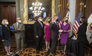 Vice President Kamala Harris swears in Bill Nelson as NASA administrator on May 3, 2021. Looking on are Pamela Melroy, whom the Senate has since confirmed as deputy administrator; former administrators Jim Bridenstine (participating virtually) and Charles Bolden; and Nelson's children and wife.