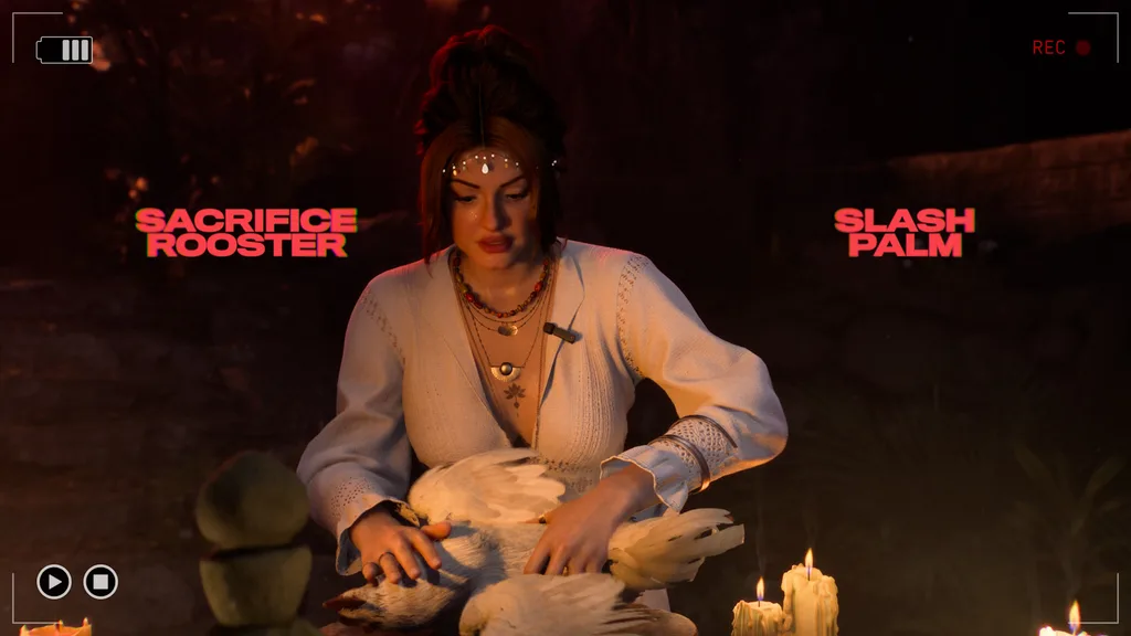 A woman holds a rooster while flanked by the options to "sacrifice rooster" or "slash palm"