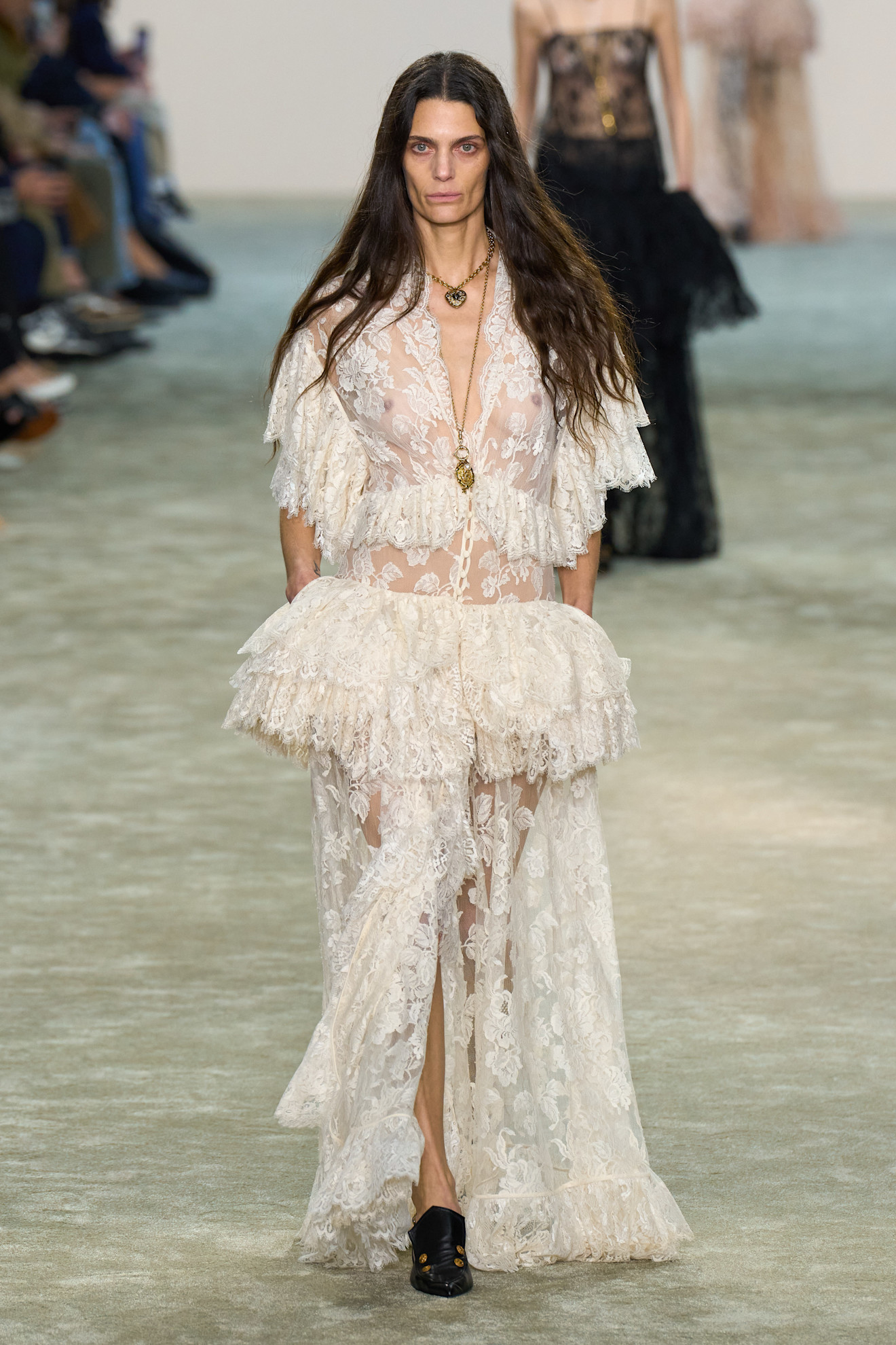 A model wore Dakota&#039;s gown on the Chlo&amp;eacute; Fall 2025 runway