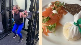 Sarah Finley working out at the gym, with picture of high-protein salmon and eggs next to her