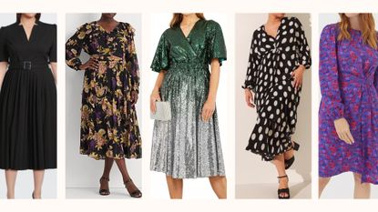 dresses to hide a tummy: a black dress, a floral dress, an ombre wrap dress, a polka dot dress and a short floral dress
