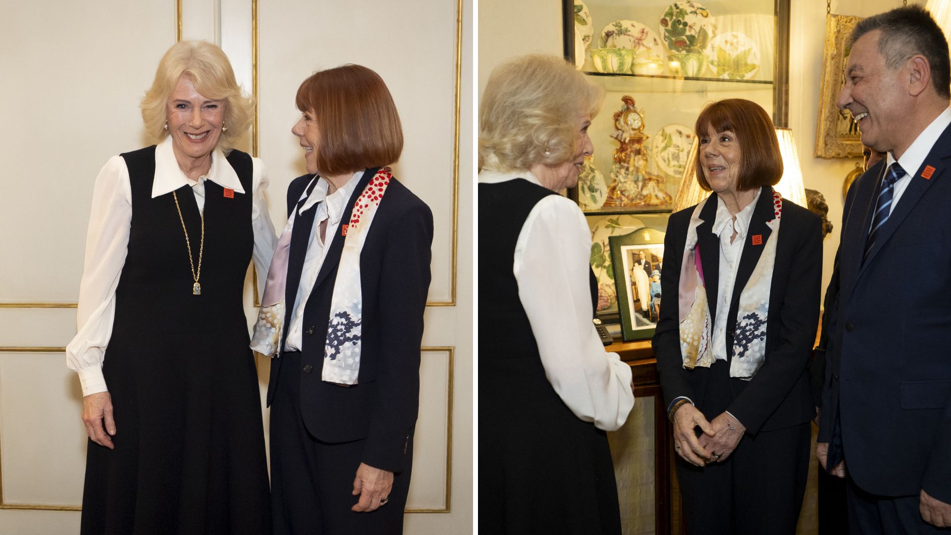 L-Queen Camilla laughs with Gisele Pelicot, R-Queen Camilla with Gisele Pelicot and her partner, Jean-Loup Agopian at Clarence House