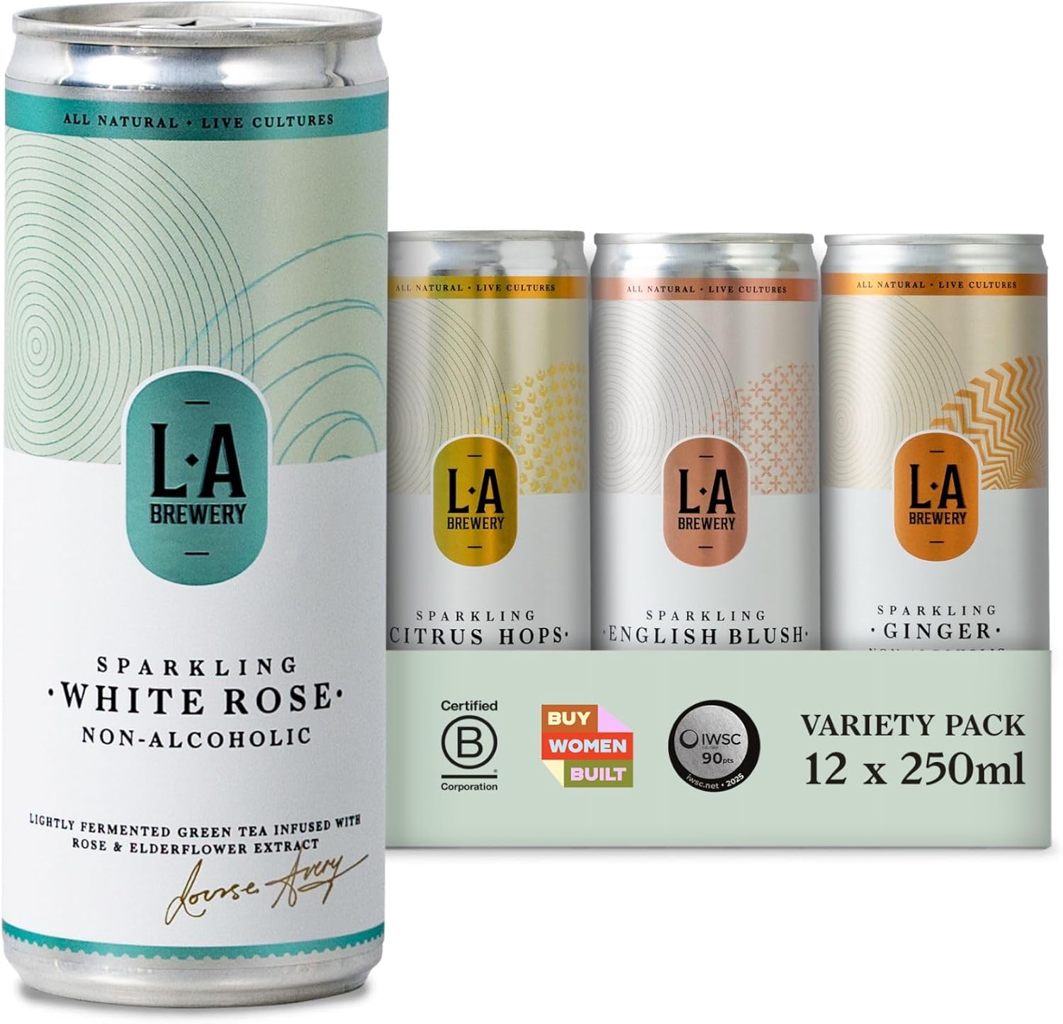 L.a Brewery Non-Alcoholic Variety Pack Sparkling Tea Made From a Kombucha Fermentation (12x250ml) - Low Sugar | Wine &amp;amp; Champagne Alternative | Premium Aperitif or Mixer | Gift Pack