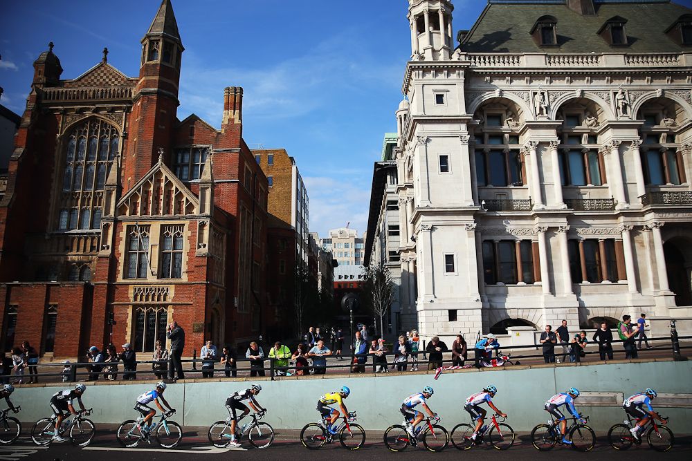 Yellow jersey Tour of Britain winner Dylan van Baarle of The Netherlands and Garmin-Sharp rides in the peloton on the final stage of the 2014 Tour of Britain.