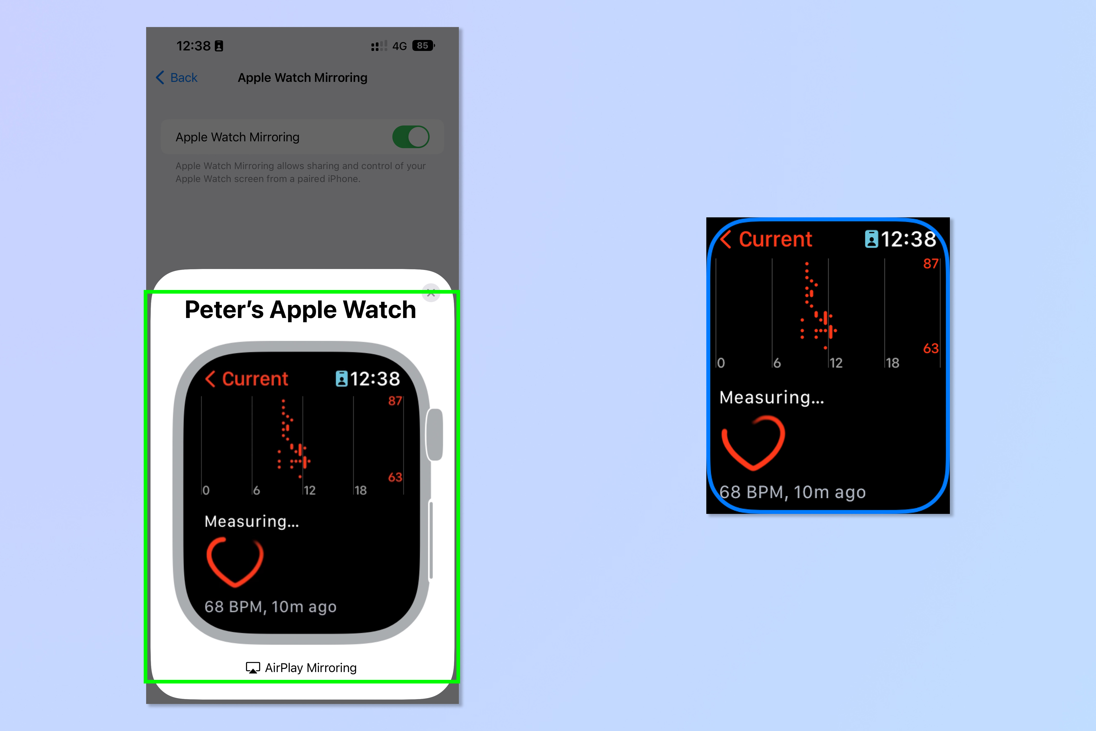 Скриншоты, показывающие шаги, необходимые для включения Apple Watch Mirroring на iPhone