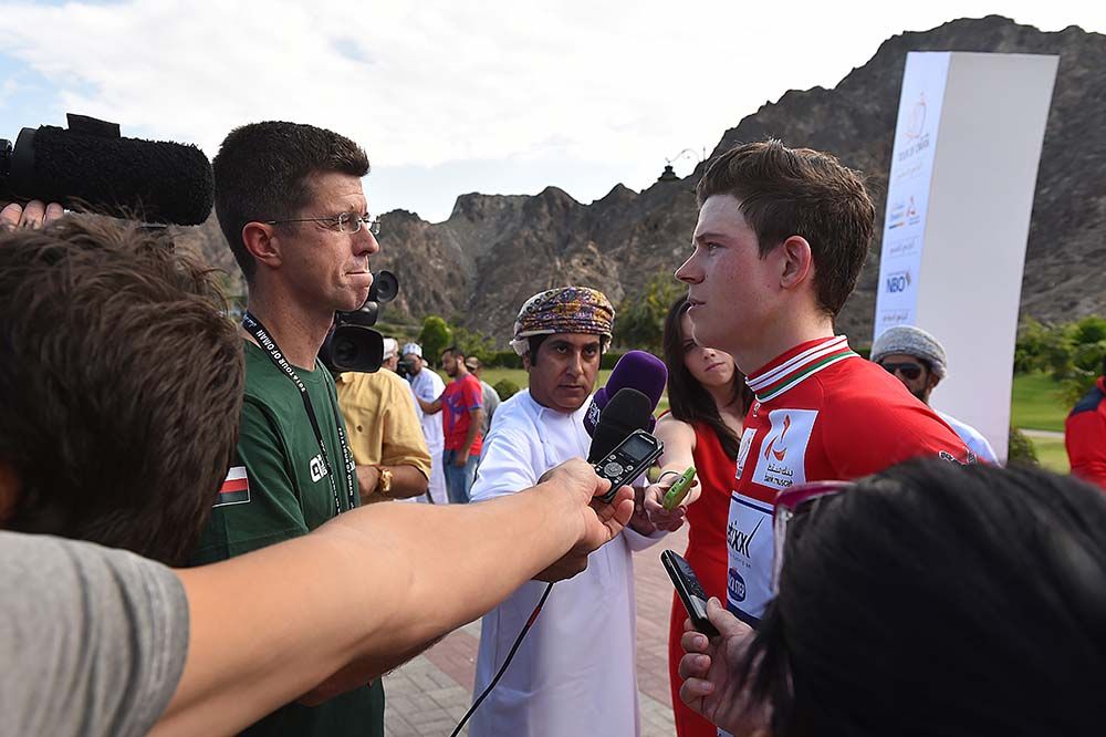 Stage winner Bob Jungels speaks to the media