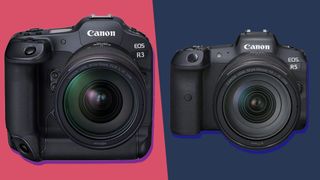 The Canon EOS R3 mirrorless camera next to the Canon EOS R5