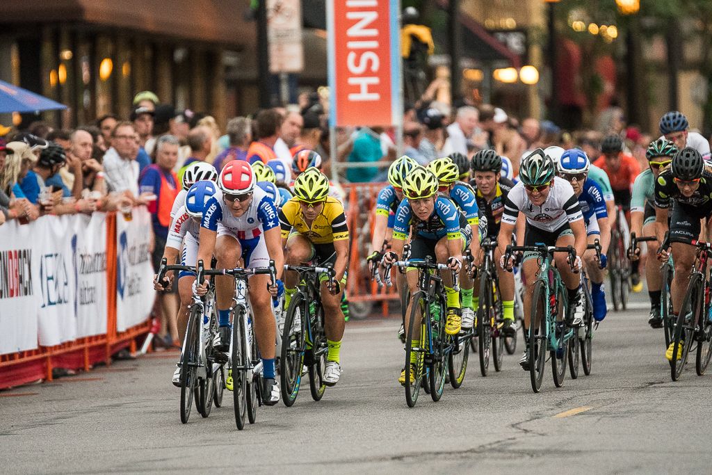 United Healthcare and Team Tibco make their present felt and the front of the peloton with three laps to go.