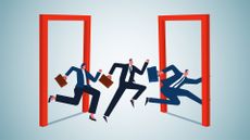 An illustration of three office workers dashing between one red doorway and into another, to represent professionals leaving their roles.