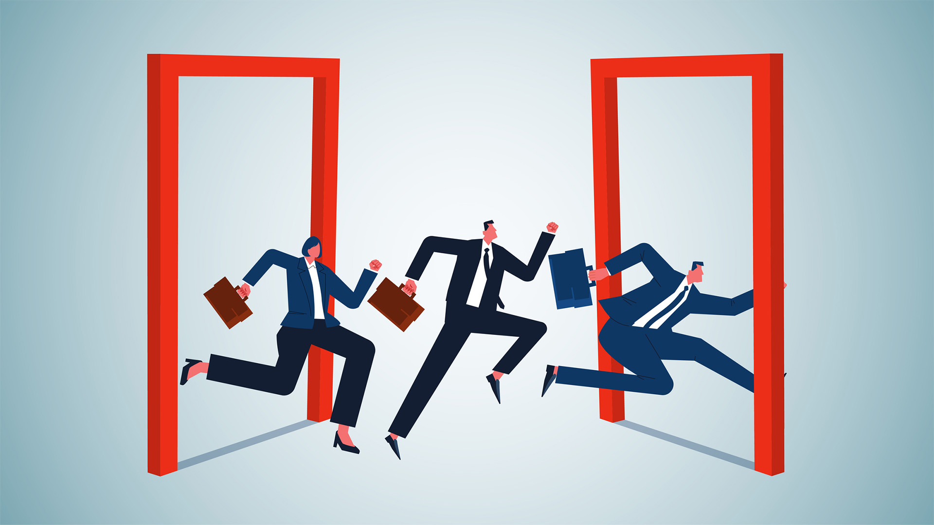 An illustration of three office workers dashing between one red doorway and into another, to represent professionals leaving their roles.