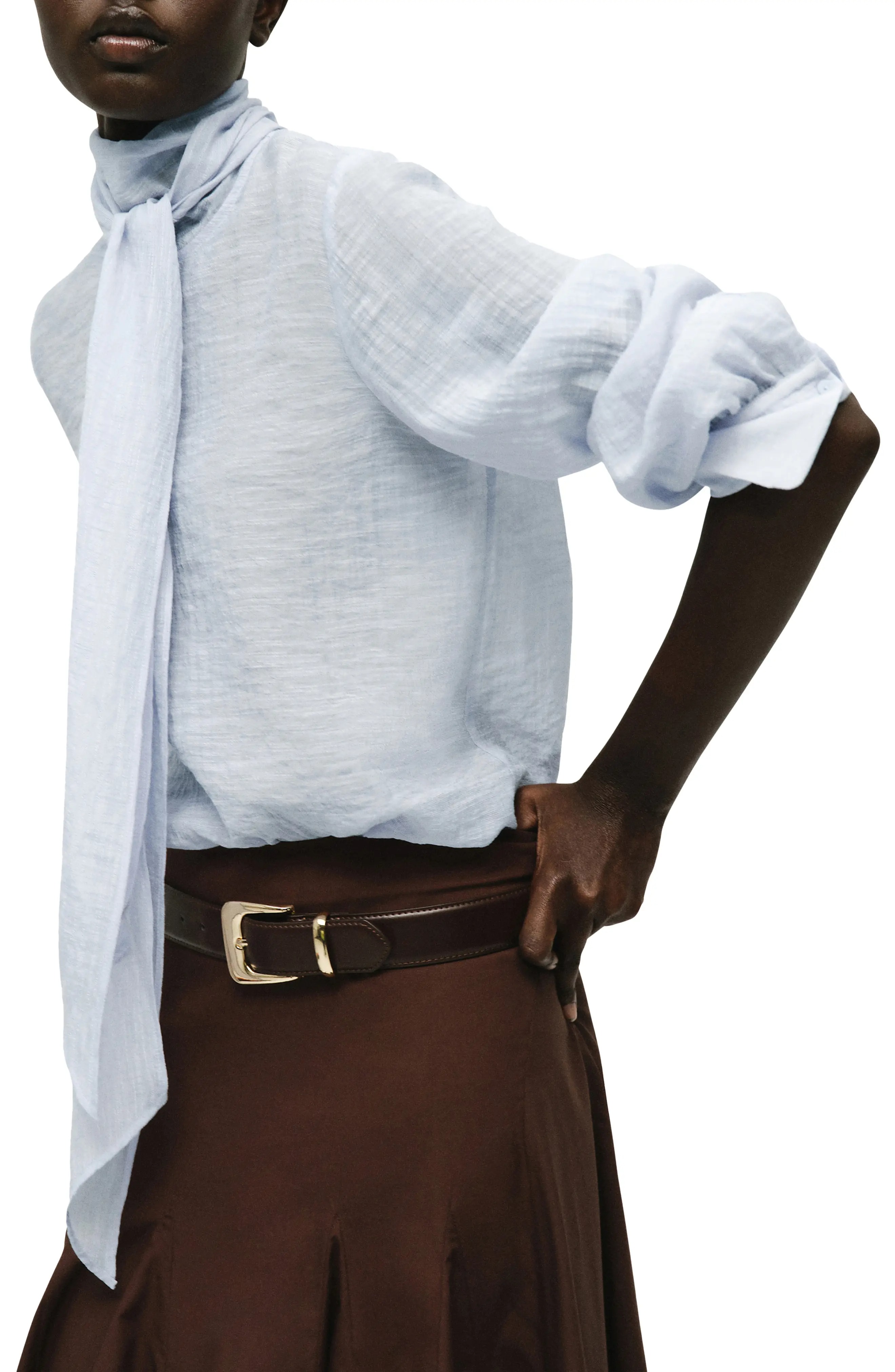 MANGO, Tie Neck Textured Shirt