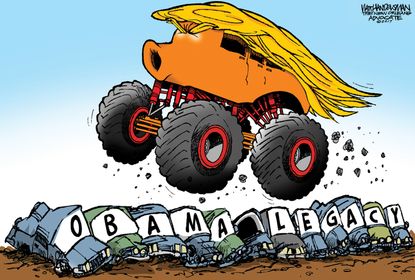 Political Cartoon U.S. Donald Trump monster truck Obama legacy