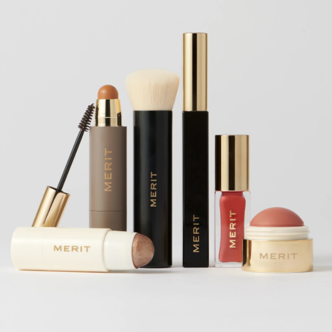 A product shot of the Merit Five Minute Morning set, on a grey background