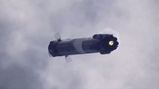 closeup of a rocket returning to earth in a horizontal configuration, with a cloudy sky in the background