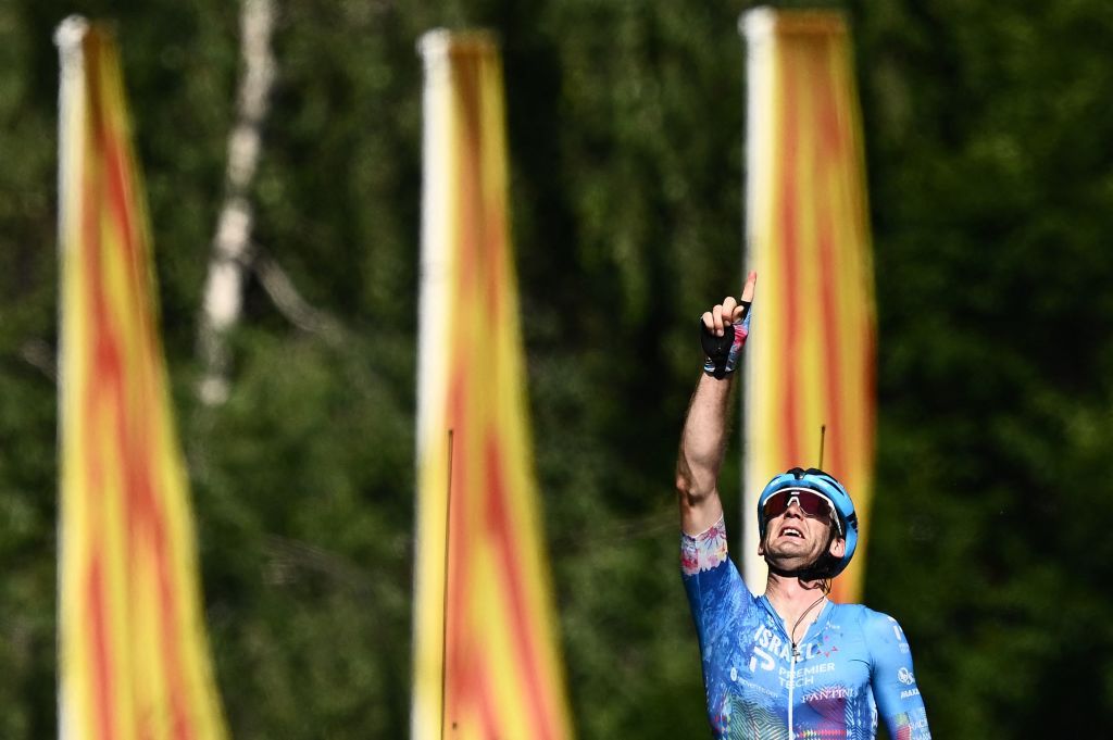 IsraelPremier Tech teams Canadian rider Hugo Houle celebrates as he cycles to the finish line to win the 16th stage of the 109th edition of the Tour de France cycling race 1785 km between Carcassonne and Foix in southern France on July 19 2022 Photo by Marco BERTORELLO AFP Photo by MARCO BERTORELLOAFP via Getty Images