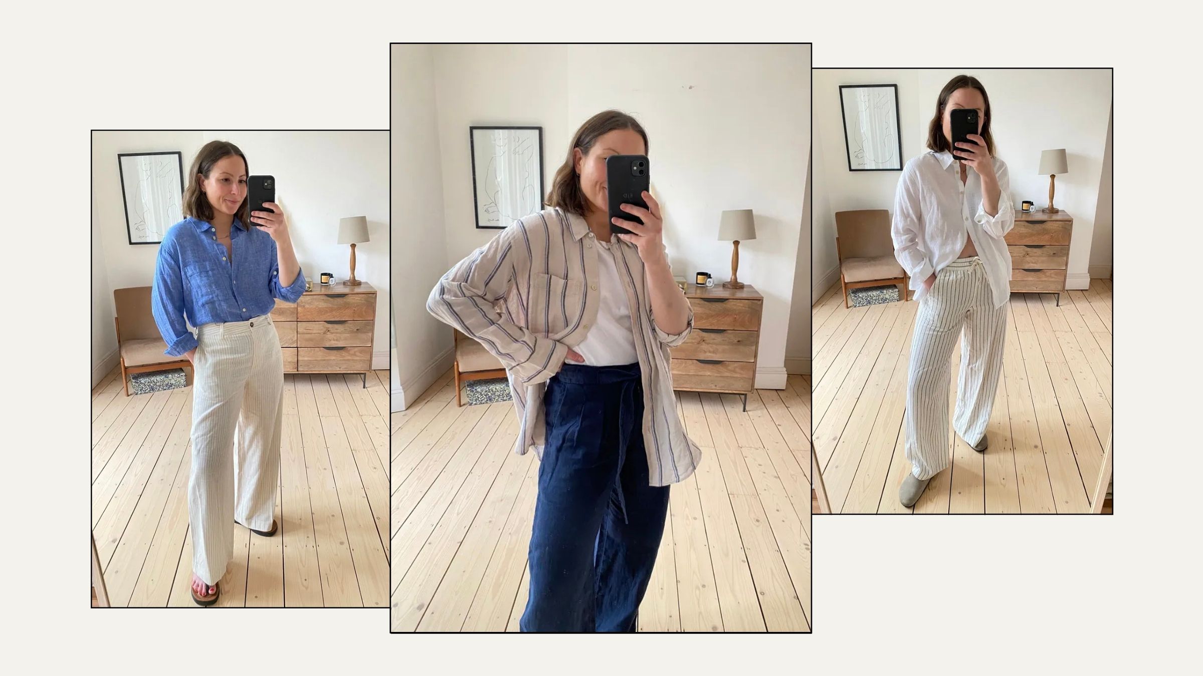 Woman wears blue shirt and cream trousers; woman wears striped shirt and navy trousers; woman wears white shirt and striped trousers