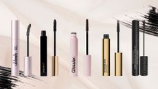 best mascaras for sensitive eyes from UK Lash, Merit, Glossier, Hourglass and bareminerals on a pale pink background with mascaras swatches